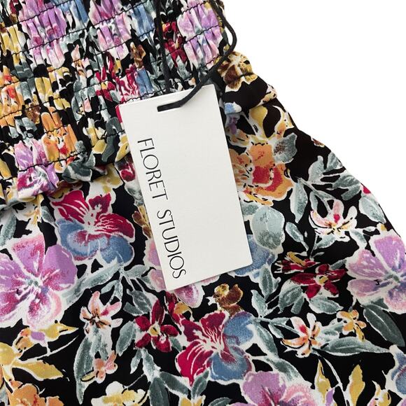 Floret Studios SMOCKED FLORAL ROMPER IN BLACK PINK FLORAL Size XL - Picture 5 of 8